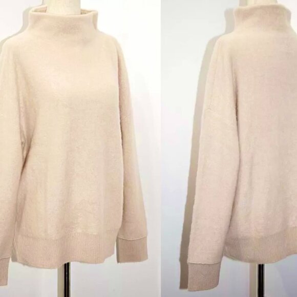 TAHARI Cashmere Oversize Fit Sweater Mock Neck Banded Cuff/Hem Beige Wm Sz L NEW - Picture 7 of 10